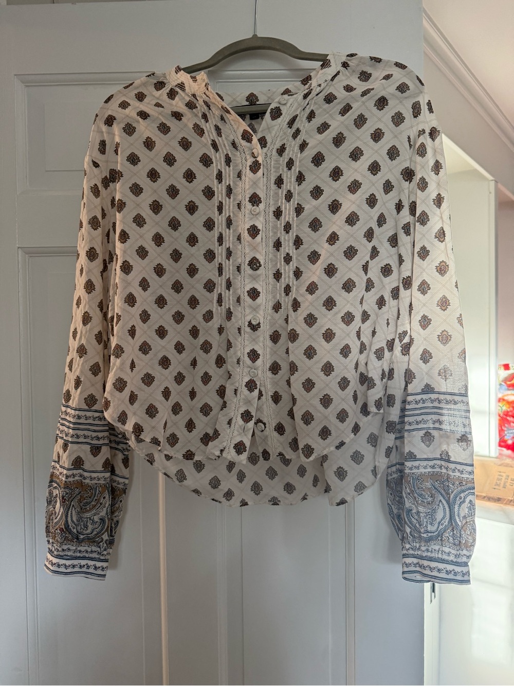 Veronica Beard White Paisley Print Button-Front Blouse with Blue Accents